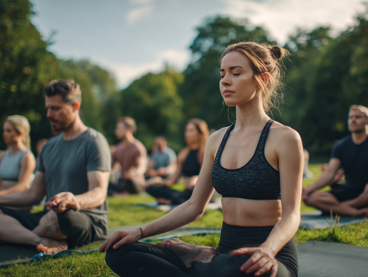Grupo practicando yoga en un ambiente natural y tranquilo
